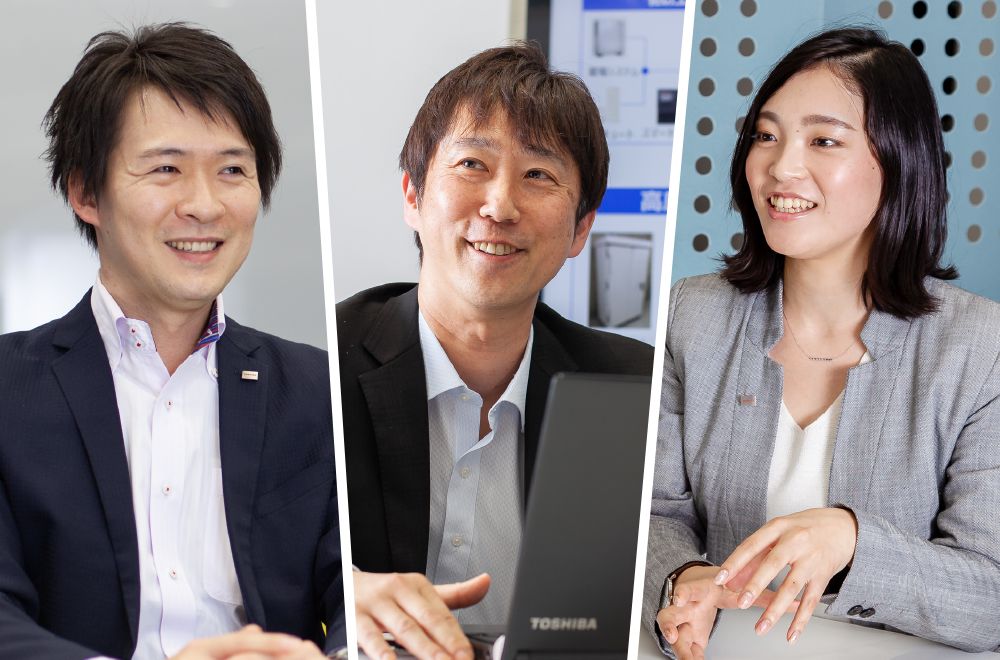 東芝能源系統株式會社 Grid Aggregation事業部能源物聯網推進部 （左起依次）木村功太朗先生、新貝英己先生、丸山保奈美女士